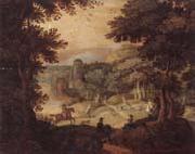 a wooded landscape with a hunting party at the edge of a lake,a castle beyond unknow artist